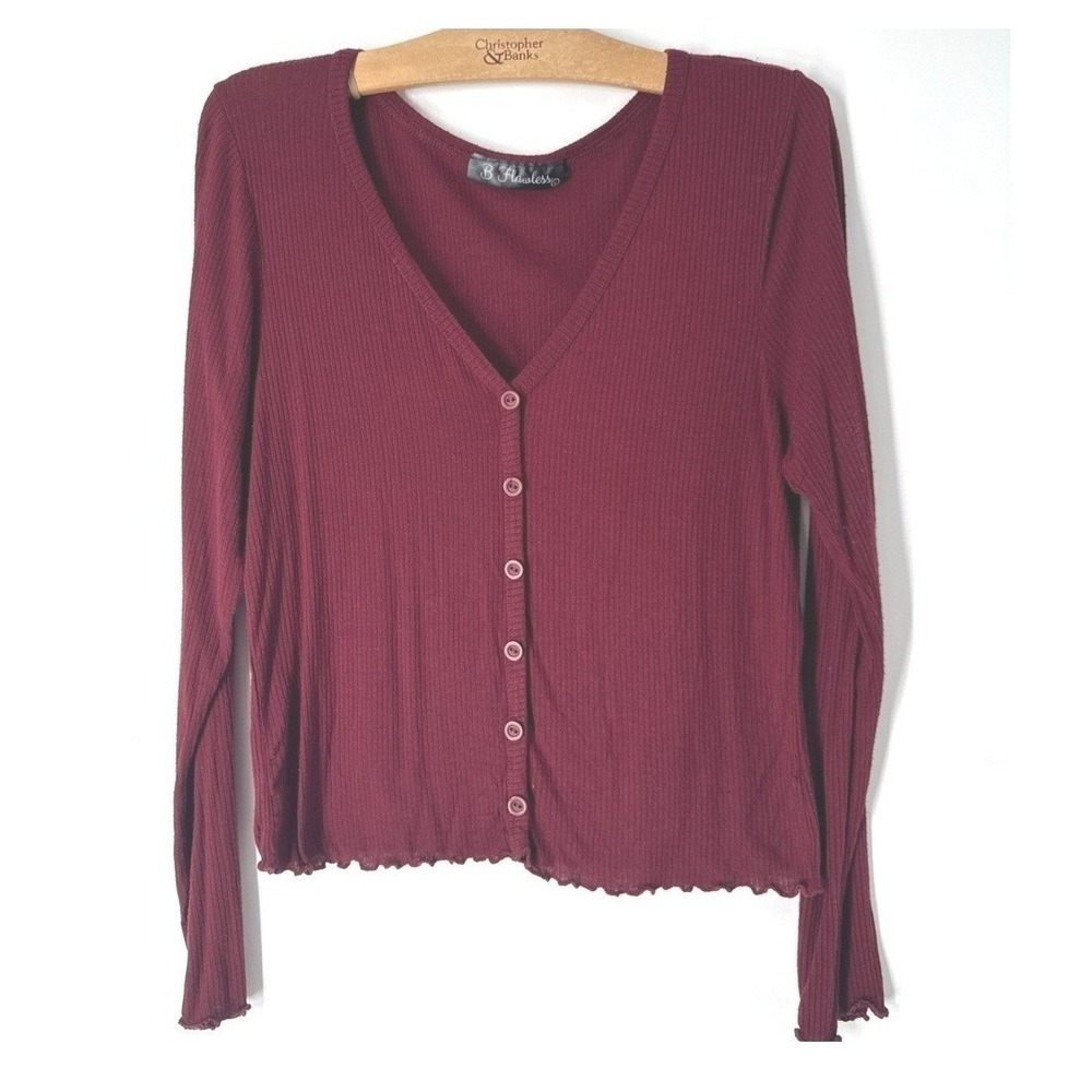 B Flawless L Ribbed Cardigan Top Large Burgundy Boho Grunge Y2K Stretch Knit